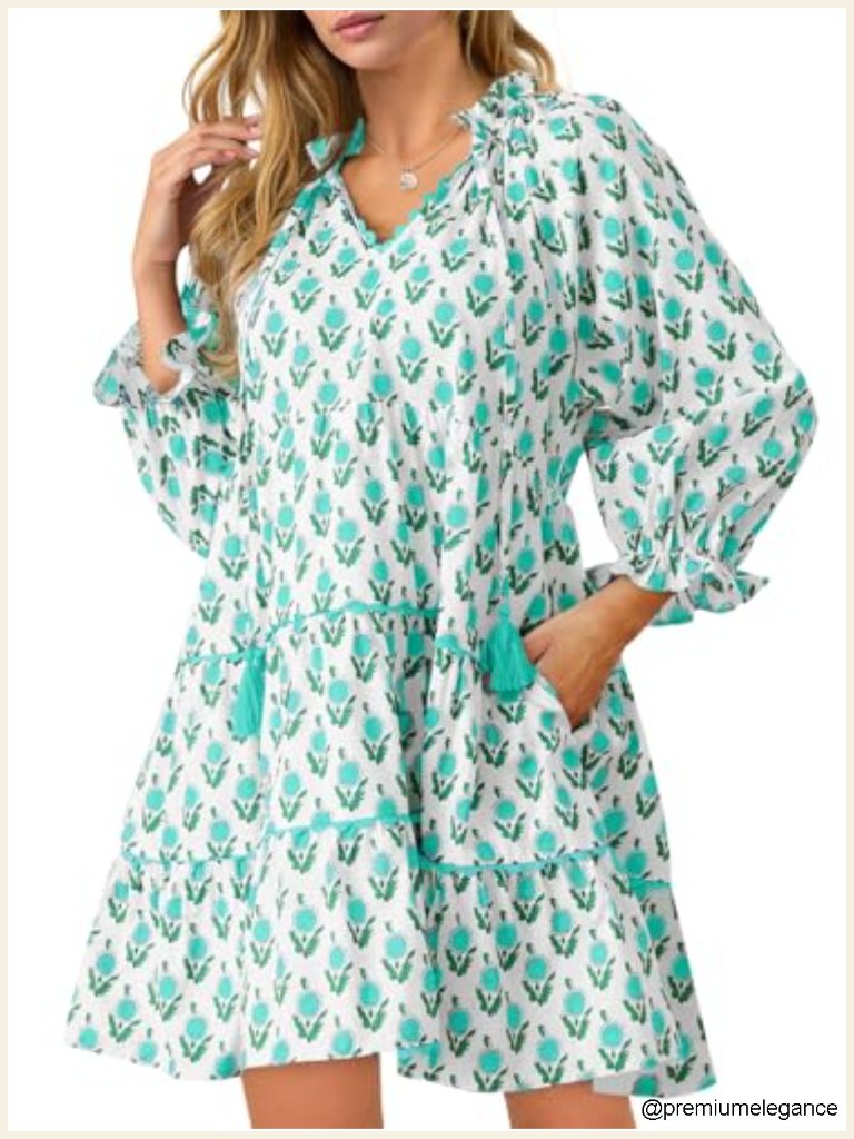 Long Sleeve V Neck Floral Ruffle Mini Babydoll Dress With Pockets
